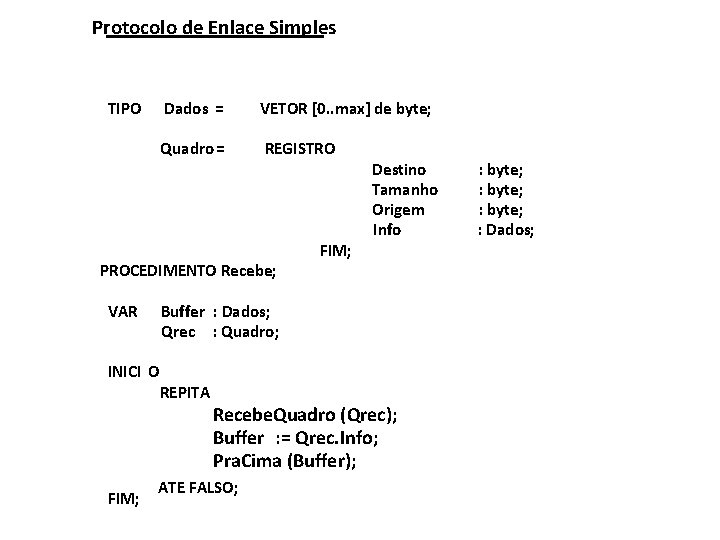 Protocolo de Enlace Simples TIPO Dados = VETOR [0. . max] de byte; Quadro