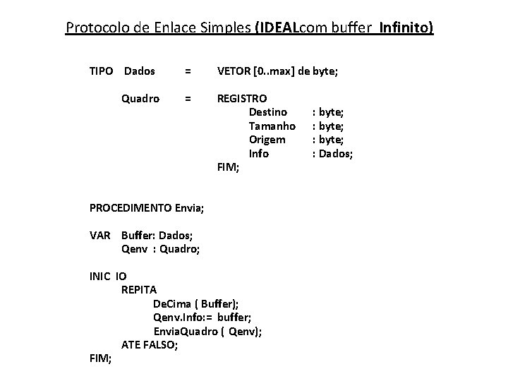 Protocolo de Enlace Simples (IDEALcom buffer Infinito) TIPO Dados Quadro = VETOR [0. .