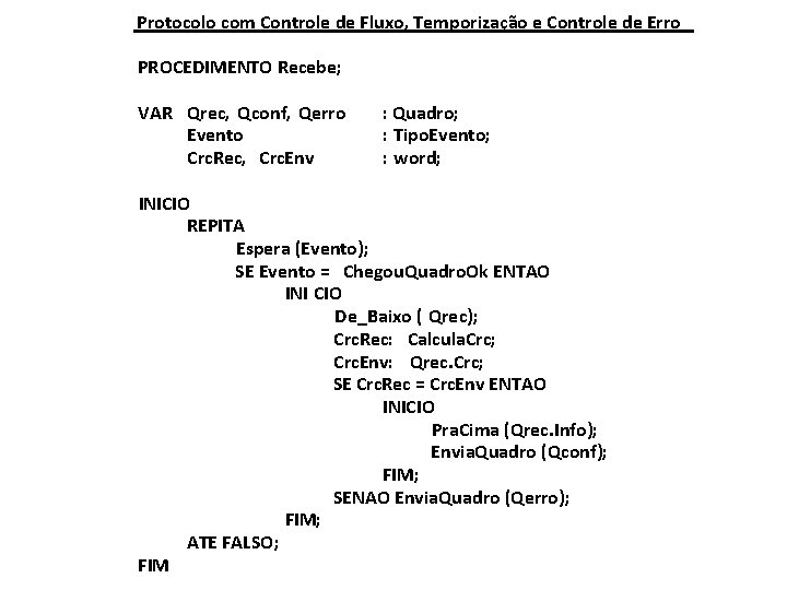 Protocolo com Controle de Fluxo, Temporização e Controle de Erro PROCEDIMENTO Recebe; VAR Qrec,