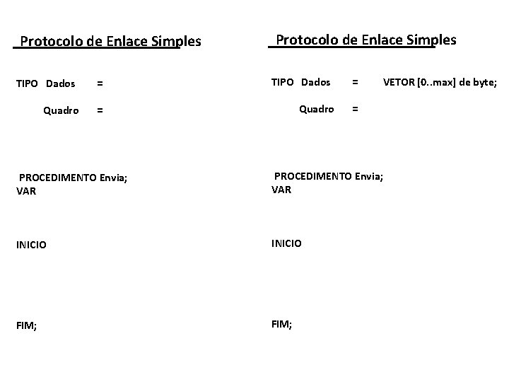 Protocolo de Enlace Simples TIPO Dados Quadro = = VETOR [0. . max] de