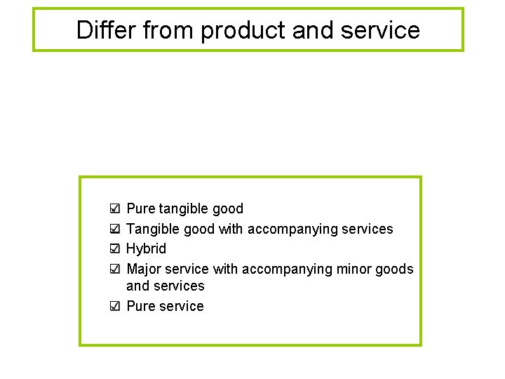 Differ from product and service Pure tangible good Tangible good with accompanying services Hybrid