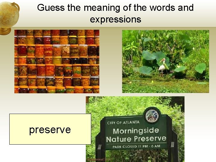 Guess the meaning of the words and expressions preserve Guess the meaning of the words and expressions preserve