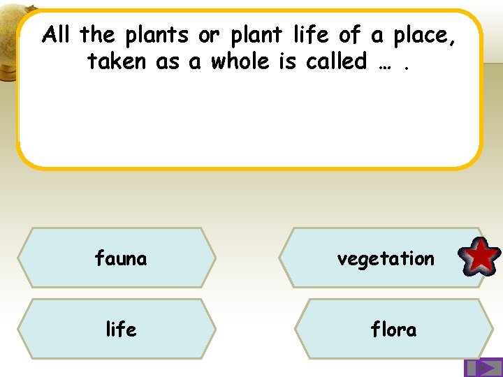 All the plants or plant life of a place, taken as a whole is All the plants or plant life of a place, taken as a whole is