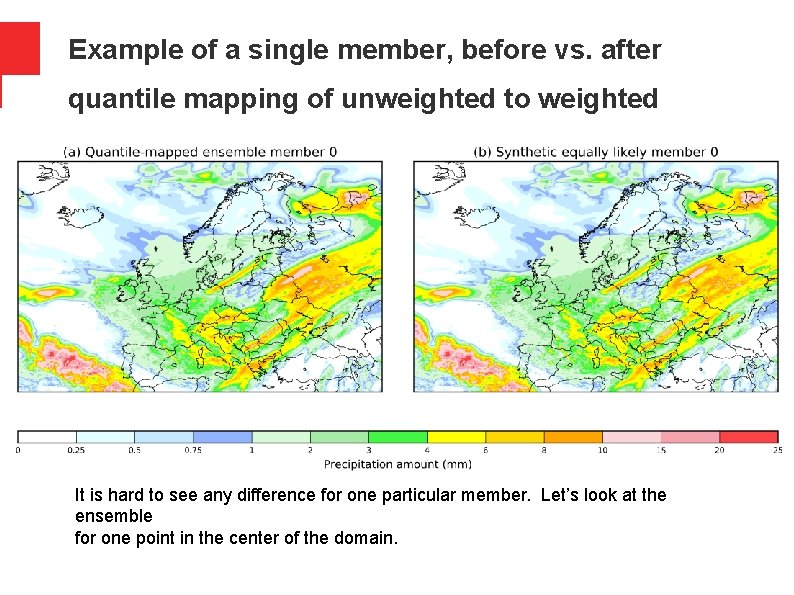 Example of a single member, before vs. after quantile mapping of unweighted to weighted Example of a single member, before vs. after quantile mapping of unweighted to weighted