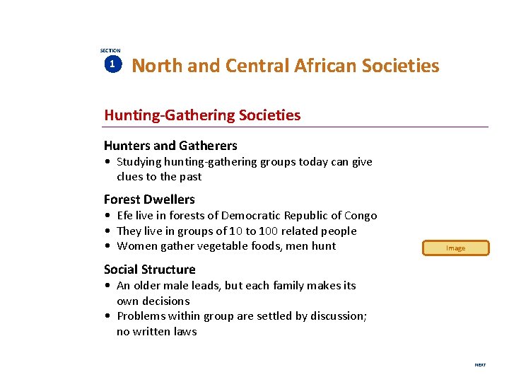 SECTION 1 North and Central African Societies Hunting-Gathering Societies Hunters and Gatherers • Studying