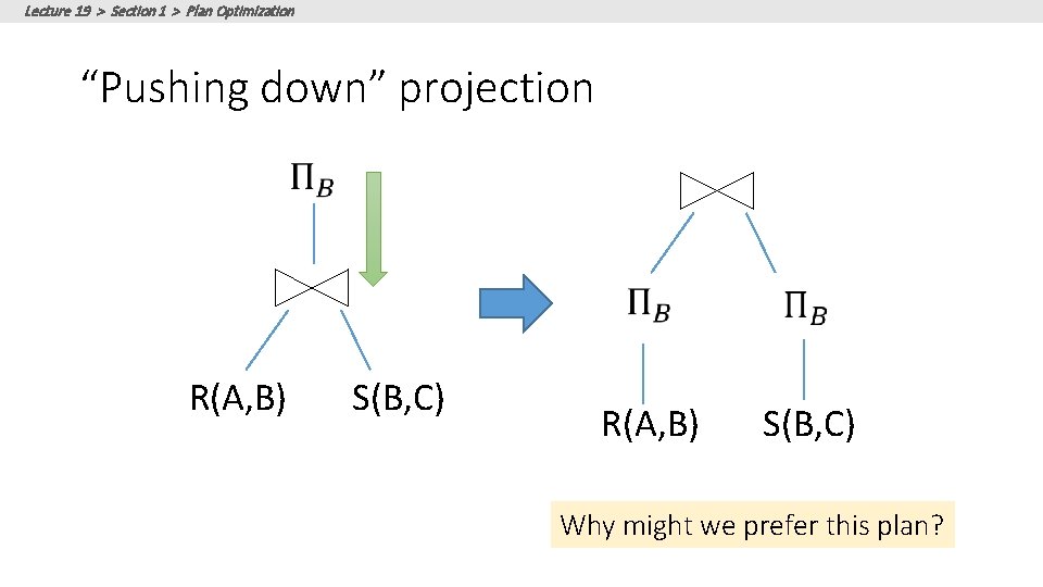 Lecture 19 > Section 1 > Plan Optimization “Pushing down” projection R(A, B) S(B,