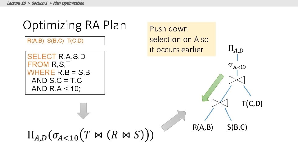 Lecture 19 > Section 1 > Plan Optimization Optimizing RA Plan R(A, B) S(B,