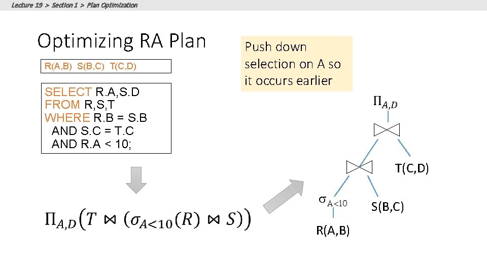 Lecture 19 > Section 1 > Plan Optimization Optimizing RA Plan R(A, B) S(B,