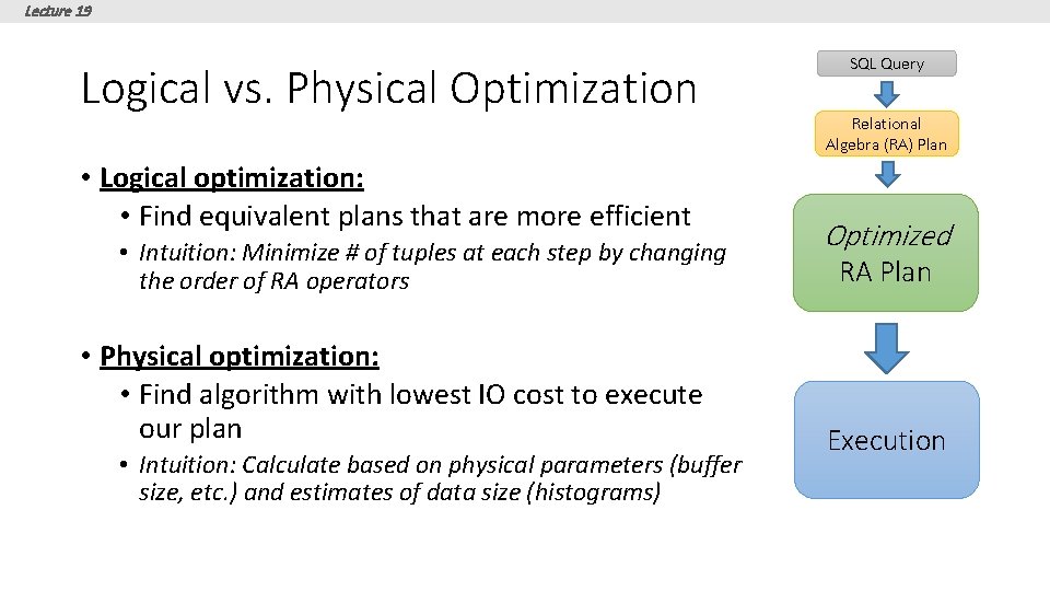 Lecture 19 Logical vs. Physical Optimization • Logical optimization: • Find equivalent plans that