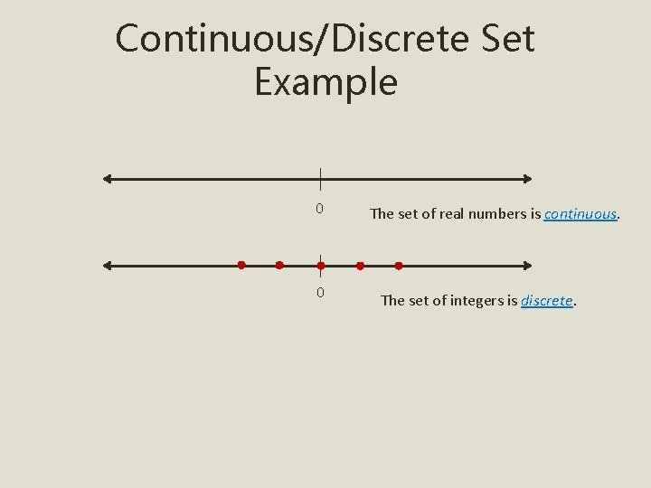 Continuous/Discrete Set Example 0 0 The set of real numbers is continuous. The set