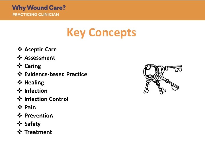 Key Concepts v v v Aseptic Care Assessment Caring Evidence-based Practice Healing Infection Control
