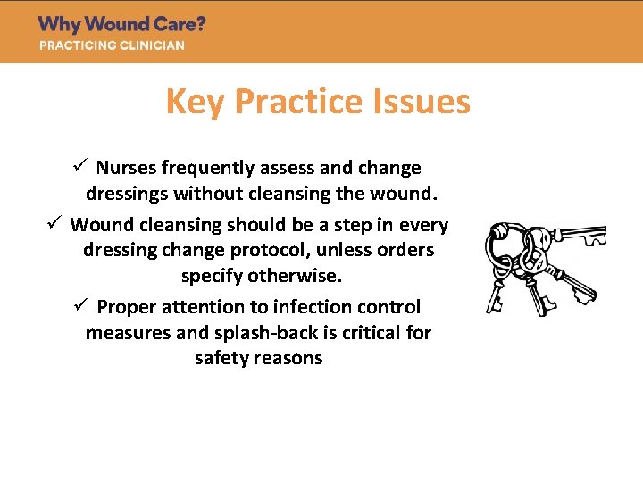 Key Practice Issues ü Nurses frequently assess and change dressings without cleansing the wound.