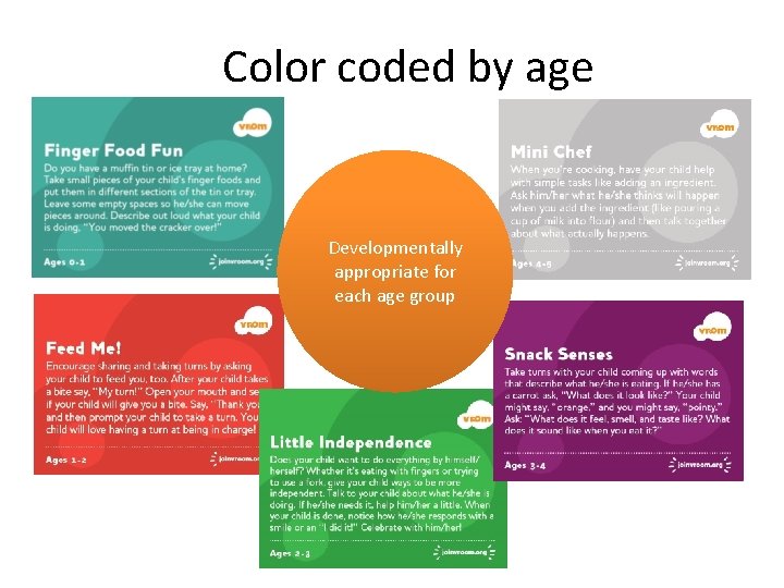 Color coded by age Developmentally appropriate for each age group 