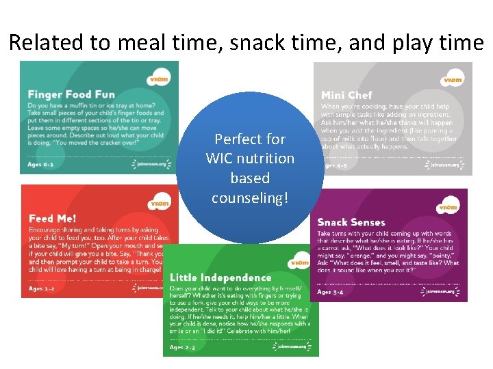 Related to meal time, snack time, and play time Perfect for WIC nutrition based