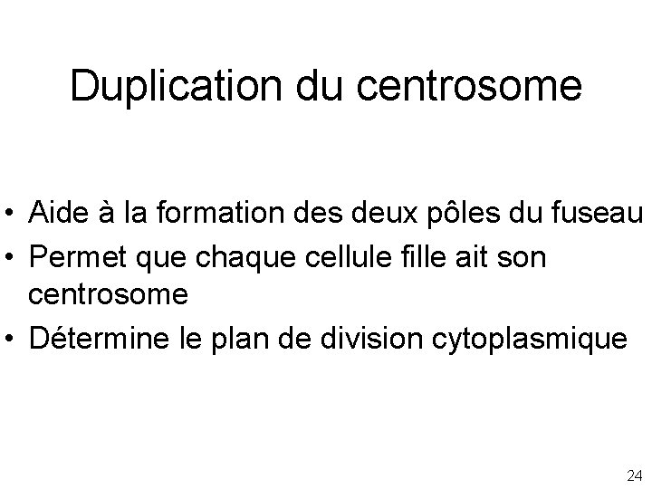 Duplication du centrosome • Aide à la formation des deux pôles du fuseau •
