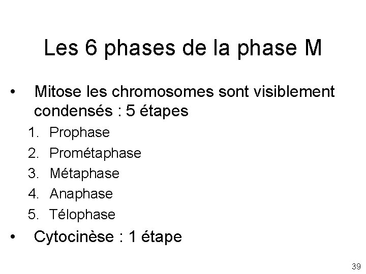 Les 6 phases de la phase M • Mitose les chromosomes sont visiblement condensés