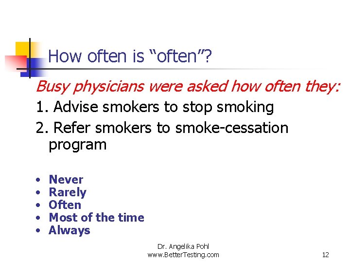 How often is “often”? Busy physicians were asked how often they: 1. Advise smokers