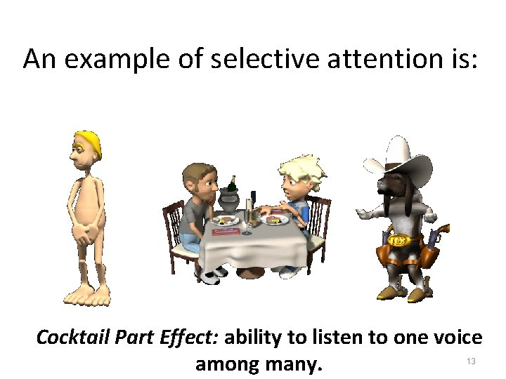 An example of selective attention is: Cocktail Part Effect: ability to listen to one