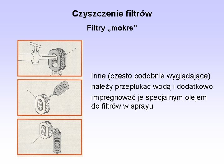 Czyszczenie filtrów Filtry „mokre” Inne (często podobnie wyglądające) należy przepłukać wodą i dodatkowo impregnować