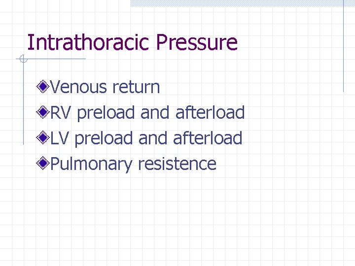 Intrathoracic Pressure Venous return RV preload and afterload LV preload and afterload Pulmonary resistence Intrathoracic Pressure Venous return RV preload and afterload LV preload and afterload Pulmonary resistence