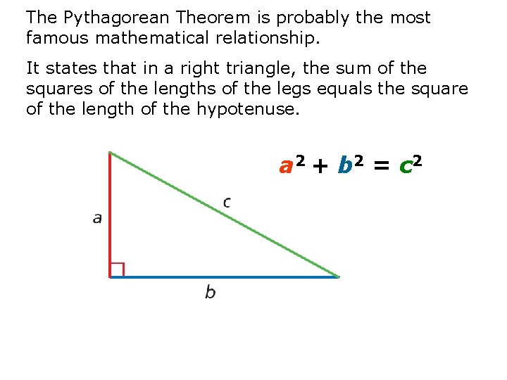 The Pythagorean Theorem is probably the most famous mathematical relationship. It states that in