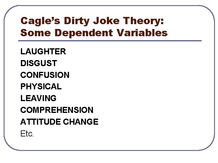 Cagle’s Dirty Joke Theory: Some Dependent Variables LAUGHTER DISGUST CONFUSION PHYSICAL LEAVING COMPREHENSION ATTITUDE