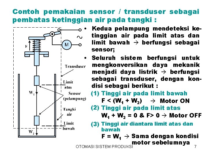 Contoh pemakaian sensor / transduser sebagai pembatas ketinggian air pada tangki : • Kedua
