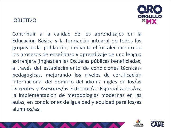 OBJETIVO Contribuir a la calidad de los aprendizajes en la Educación Básica y OBJETIVO Contribuir a la calidad de los aprendizajes en la Educación Básica y