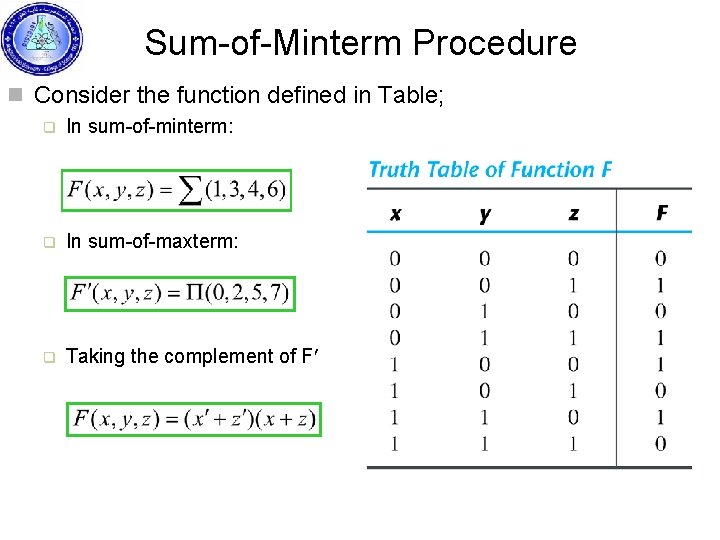 Sum-of-Minterm Procedure n Consider the function defined in Table; q In sum-of-minterm: q In