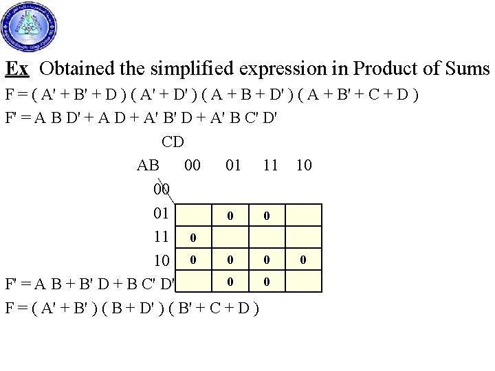 Ex Obtained the simplified expression in Product of Sums F = ( A' +