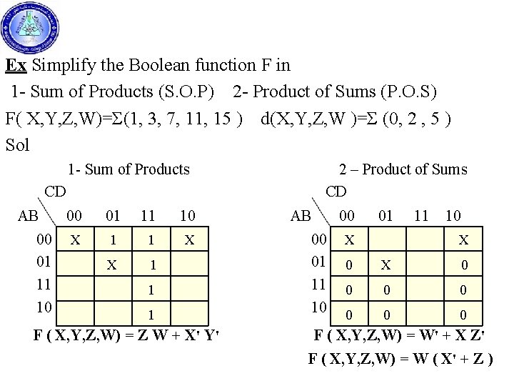 Ex Simplify the Boolean function F in 1 - Sum of Products (S. O.