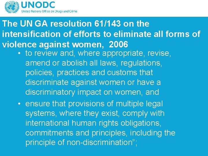 The UN GA resolution 61/143 on the intensification of efforts to eliminate all forms