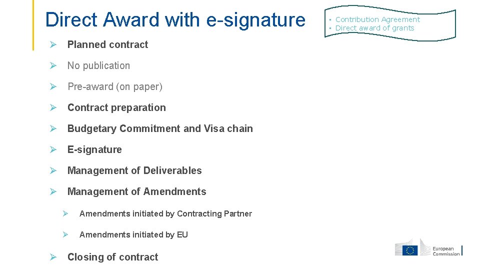 Direct Award with e-signature Planned contract No publication Pre-award (on paper) Contract preparation Budgetary