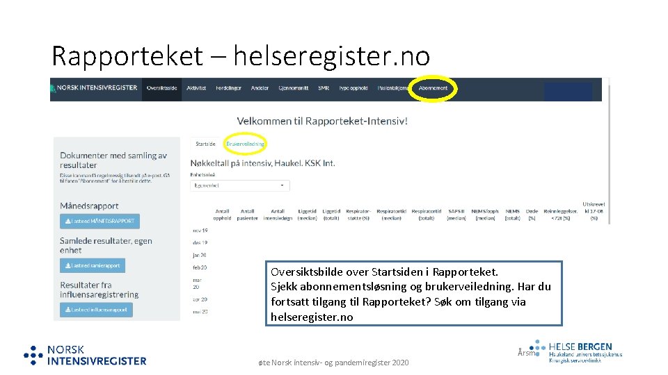 Rapporteket – helseregister. no Oversiktsbilde over Startsiden i Rapporteket. Sjekk abonnementsløsning og brukerveiledning. Har