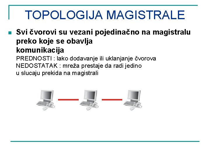 TOPOLOGIJA MAGISTRALE n Svi čvorovi su vezani pojedinačno na magistralu preko koje se obavlja