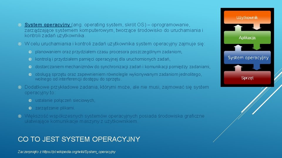  System operacyjny (ang. operating system, skrót OS) – oprogramowanie, zarządzające systemem komputerowym, tworzące
