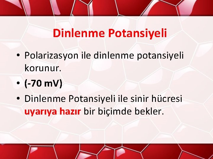 Dinlenme Potansiyeli • Polarizasyon ile dinlenme potansiyeli korunur. • (-70 m. V) • Dinlenme