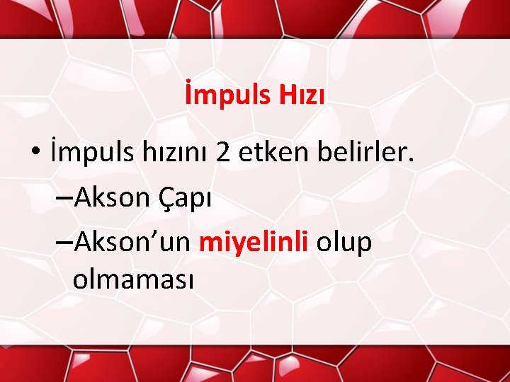 İmpuls Hızı • İmpuls hızını 2 etken belirler. –Akson Çapı –Akson’un miyelinli olup olmaması