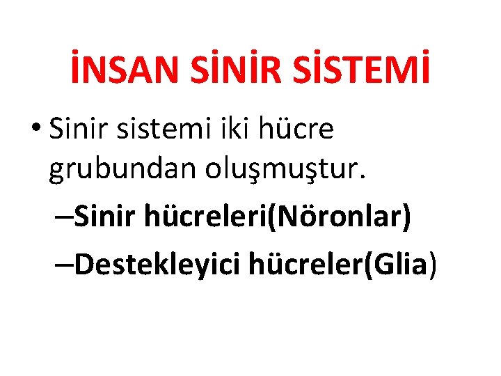 İNSAN SİNİR SİSTEMİ • Sinir sistemi iki hücre grubundan oluşmuştur. –Sinir hücreleri(Nöronlar) –Destekleyici hücreler(Glia)