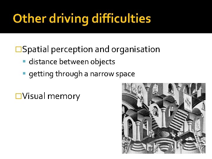 Other driving difficulties �Spatial perception and organisation distance between objects getting through a narrow