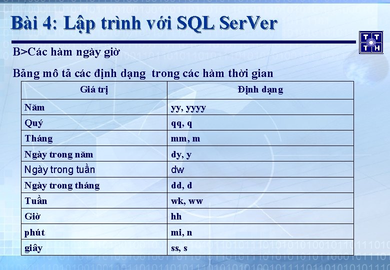 Bài 4: Lập trình với SQL Ser. Ver B>Các hàm ngày giờ Bảng mô