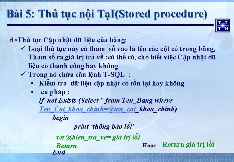 Bài 5: Thủ tục nội TạI(Stored procedure) d>Thủ tục Cập nhật dữ liệu của