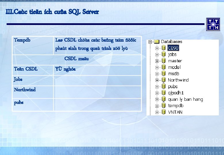 III. Caùc tieän ích cuûa SQL Server Tempdb Teân CSDL Jobs Northwind pubs Laø