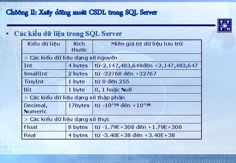 Chöông II: Xaây döïng moät CSDL trong SQL Server • Các kiểu dữ liệu