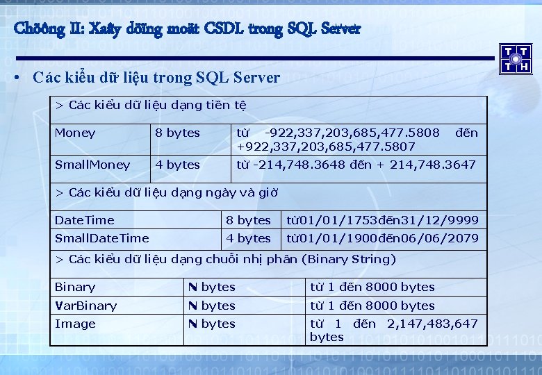 Chöông II: Xaây döïng moät CSDL trong SQL Server • Các kiểu dữ liệu