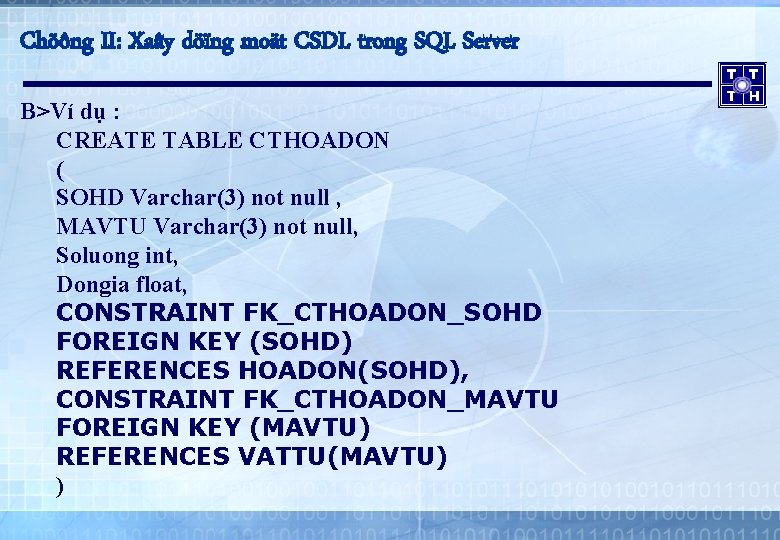 Chöông II: Xaây döïng moät CSDL trong SQL Server B>Ví dụ : CREATE TABLE