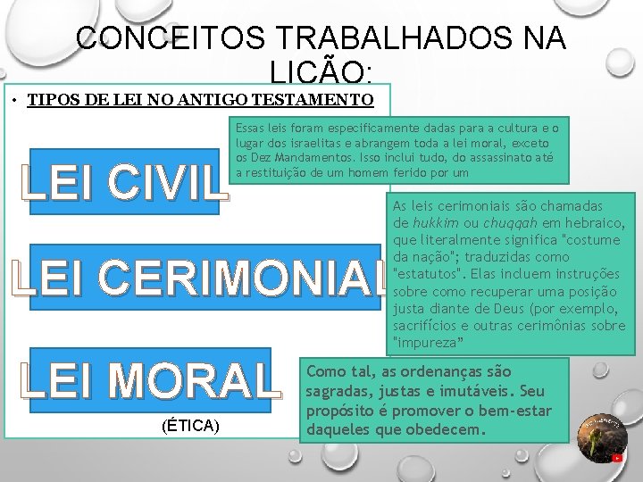 CONCEITOS TRABALHADOS NA LIÇÃO: • TIPOS DE LEI NO ANTIGO TESTAMENTO LEI CIVIL Essas