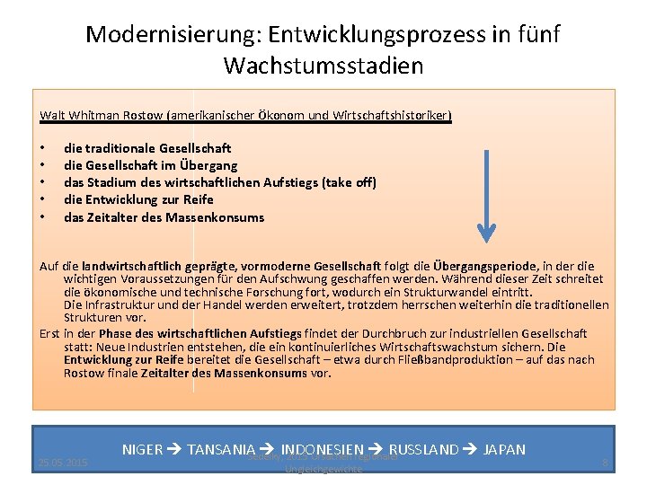 Modernisierung: Entwicklungsprozess in fünf Wachstumsstadien Walt Whitman Rostow (amerikanischer Ökonom und Wirtschaftshistoriker) • •