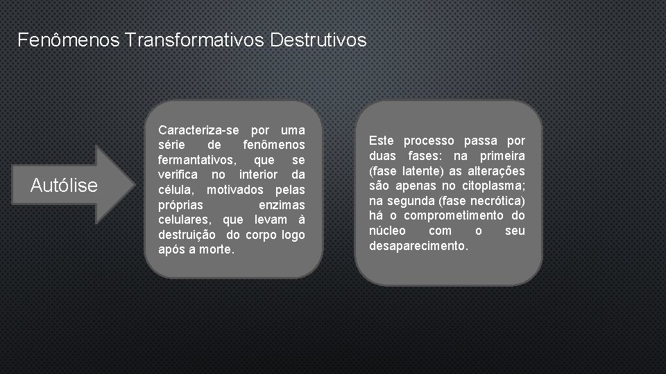 Fenômenos Transformativos Destrutivos Autólise Caracteriza-se por uma série de fenômenos fermantativos, que se verifica