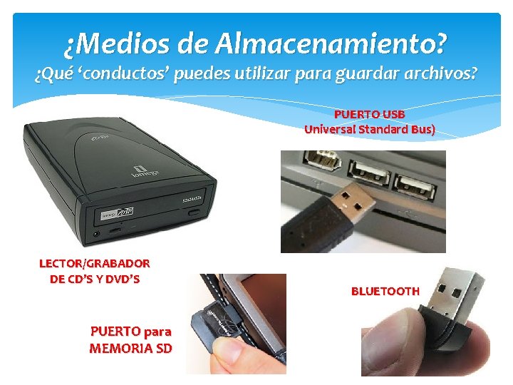 ¿Medios de Almacenamiento? ¿Qué ‘conductos’ puedes utilizar para guardar archivos? PUERTO USB Universal Standard